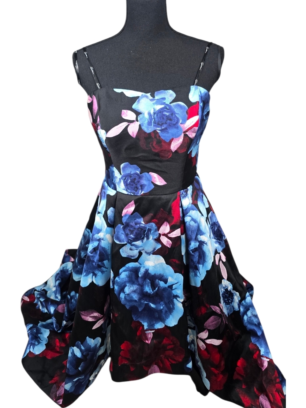 Speechless Black Mini Dress with Blue and Pink Rose Print